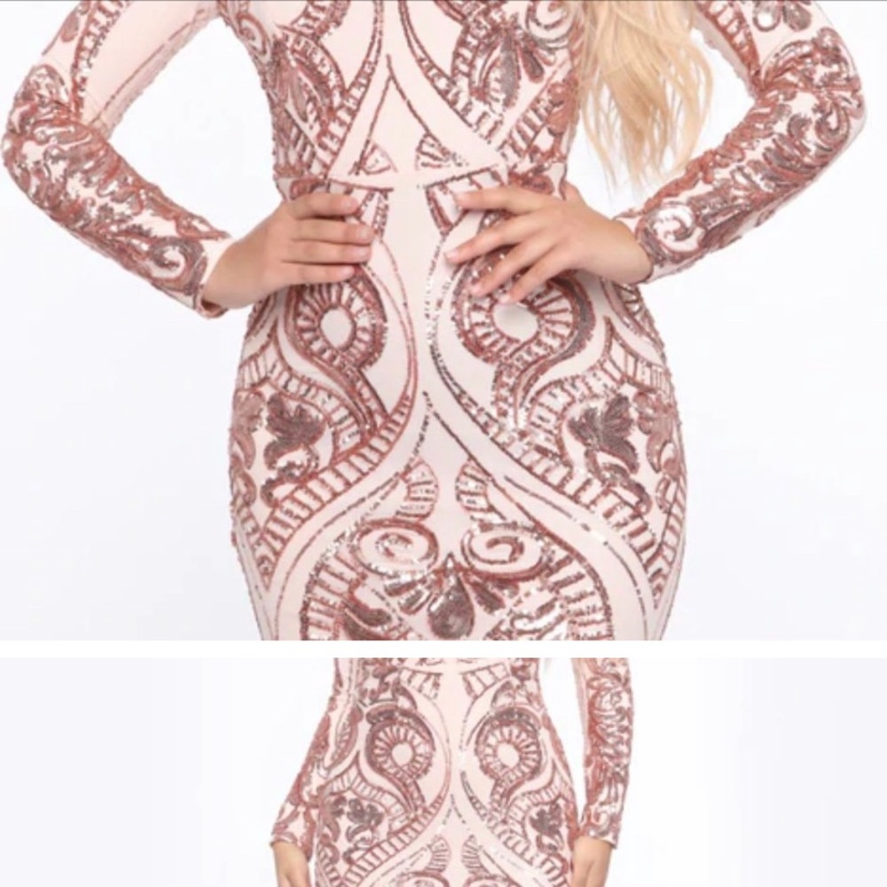 Fashion Nova ROSE GOLD Queen Vibes Sequins Long sleeves Formal prom dress / gown